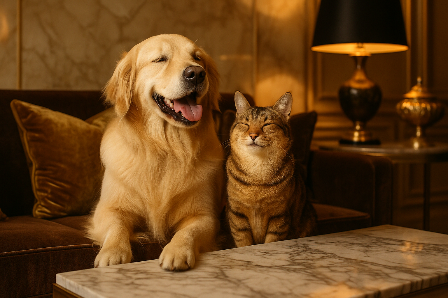 perro y gato en un ambiente elegante, premium, felices